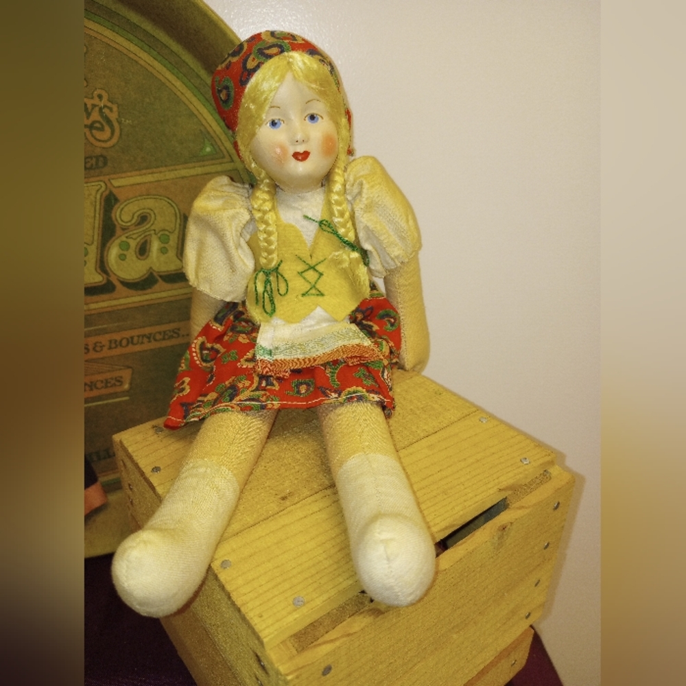 Vintage 1940's Cloth Doll, Celluloid Mask Face Hand Painted 11.5" Doll Poland